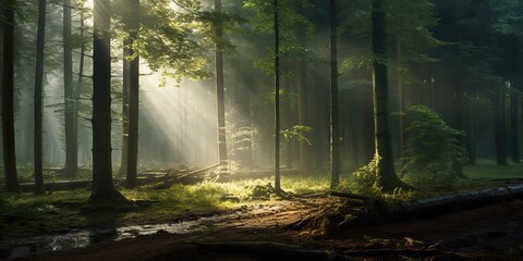 Obraz premium Nature outdoor forest with sun lights rays background. Adventure realxing