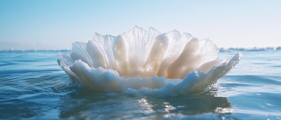 An elegant seashell-like form floats on tranquil blue waters, capturing the essence of beauty and calm.