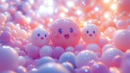 A vibrant balloon family with expressive faces floating together in harmony and joy representing love connection and fun-filled moments in a playful design