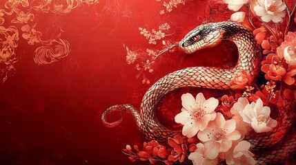 Obraz premium A graceful serpent entwined in cherry blossoms against a rich gradient, perfect for lunar new year, art events, or as a mystical decor piece.