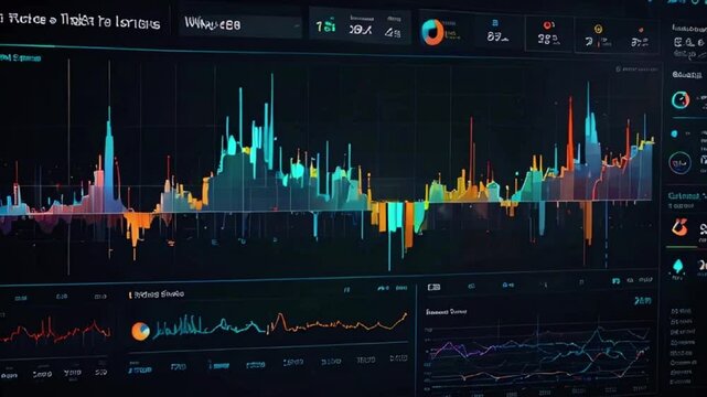 Trading dashboard with bar charts, digital data analytics, and graphs. Information reports of strategy for business and financial investment, 4k High-Quality Wallpaper Background Animation Video