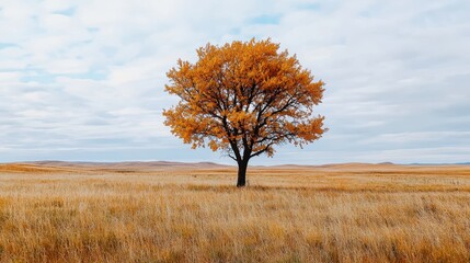 Fototapeta premium Solitary Tree with Vibrant Orange Leaves on Open Meadow Under Cloudy Sky