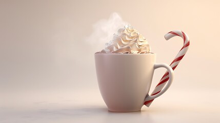 A steaming cup of hot cocoa with whipped cream and a candy cane, isolated on white.