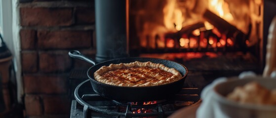 A rustic pie bakes invitingly over an open hearth, with a brick fireplace lending warmth and coziness to the atmosphere.