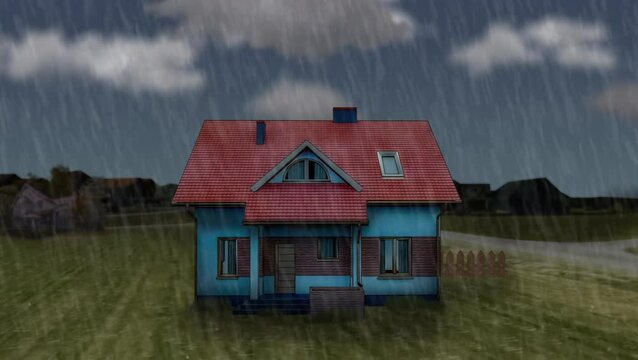 House on the hill get fluded by the rain. Rainy sky.