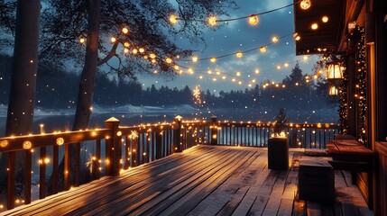 A wooden deck with warm Christmas lights strung along