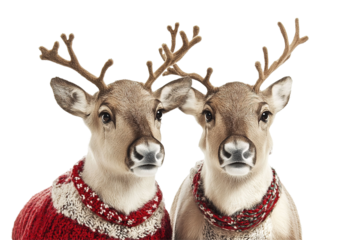 Two deer with antlers and red sweaters. on transparent background.