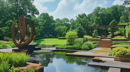 A serene garden featuring a sculpture, water features, and lush greenery.