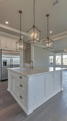 Modern kitchen with pendant lights and an island, showcasing a clean, elegant design.
