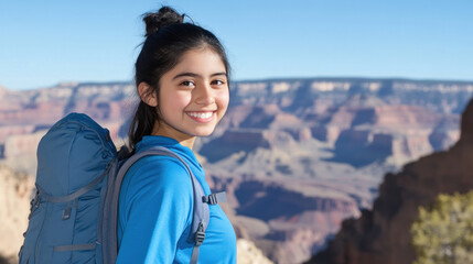 Naklejka premium Canadian girl in blue athleisure doing outdoor activity at grand canyon