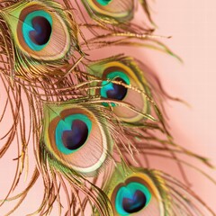 Naklejka premium Delicate peacock feathers exhibit a stunning array of colors and patterns. The feathers are positioned against a soft pink background, highlighting their natural beauty and elegance