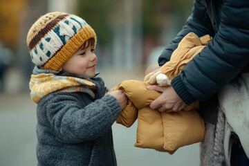 Fototapeta premium Child joyfully shares warm clothing on a chilly day in the park