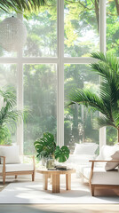 Obraz premium A serene indoor space featuring plants and comfortable seating by large windows.