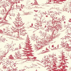 This vintage toile design showcases detailed rural landscapes adorned with trees, animals, human figures, and quaint structures in a striking red and cream color combination