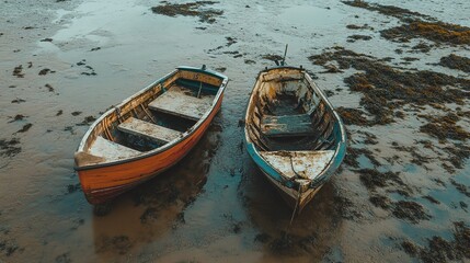 Obraz premium Boats on the sea floor at low tide