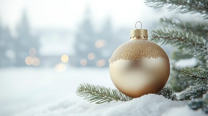Sophisticated Christmas background featuring gold ornaments with a soft bokeh effect and shallow depth emphasizing their elegance and holiday charm