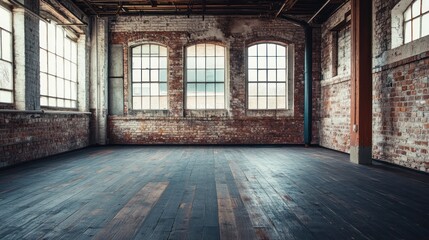 Empty industrial loft interior with exposed brick walls and hardwood floors.