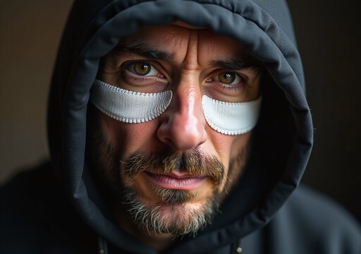hombre careta blanca moneda de bitcoin en lugar del ojo con capucha fondo