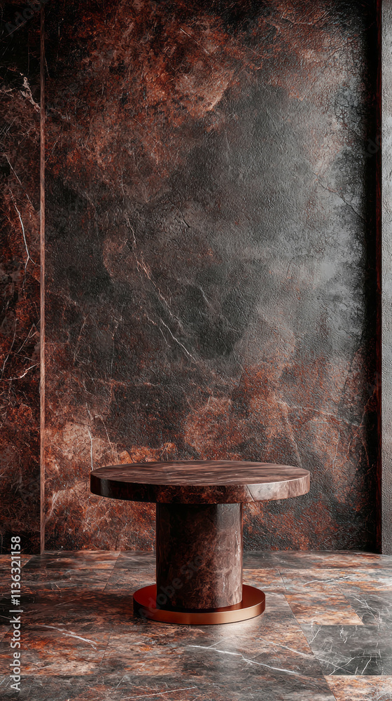 Poster A round table with a gold base sits in front of a wall with a red, The color of the year is mocha mousse