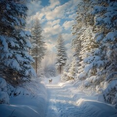 Obraz premium A serene winter forest features a snow-covered path lined with tall trees. A deer stands gracefully in the distance, illuminated by soft morning light