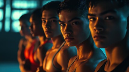 Young athletes display intensity and concentration as they line up for training in a shadowy gym. The warm lighting highlights their dedication and teamwork in their sport