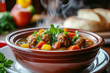 A steaming bowl of meatball soup filled with vibrant vegetables and tender meatballs, garnished with fresh parsley