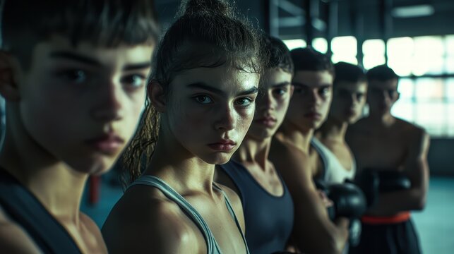 A group of young boxers stands in a gym, prepared for practice. Their expressions reflect determination and concentration as they focus on improving their skills together - Powered by Adobe