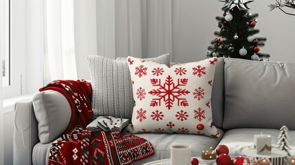 Cozy Living Room Decorated for Christmas with Snowflake Pillow