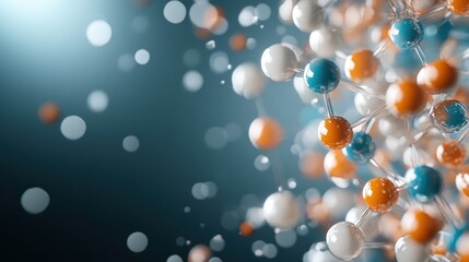 A detailed abstract illustration of molecular networks, featuring blue and orange spheres connecting in a complex pattern, symbolizing interconnectedness and modern science.