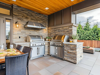 Modern outdoor kitchen with grills, stone accents, and dining area for entertaining.