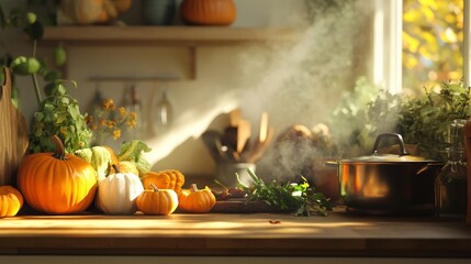 Obraz premium Cozy kitchen scene with pumpkins, herbs, and steam rising from a pot. Perfect for autumn cooking inspirations.