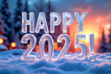 3D numbers '2025' in a cold, beautiful winter landscape