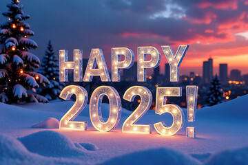 3D numbers '2025' in a cold, beautiful winter landscape