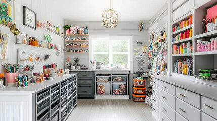 A bright and organized craft room filled with supplies for creative projects.