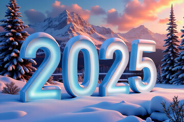 3D numbers '2025' in a cold, beautiful winter landscape