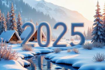 3D numbers '2025' in a cold, beautiful winter landscape