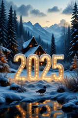 3D numbers '2025' in a cold, beautiful winter landscape