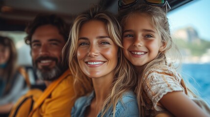 Obraz premium A joyful family traveling together, enjoying a scenic journey. Smiling faces and a cheerful atmosphere capture the essence of their summer vacation and road trip experience.