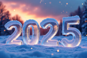 3D numbers '2025' in a cold, beautiful winter landscape