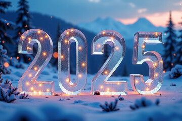 3D numbers '2025' in a cold, beautiful winter landscape