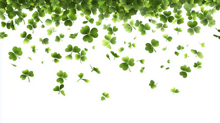 Fototapeta premium A background of green clover leaves falling, against a white background, in a St. Patrick's Day theme, in a vector illustration style, with a flat design. Mockup for St Patrick’s day.