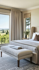 A serene bedroom with a view, featuring a bed, bench, and large window overlooking nature.