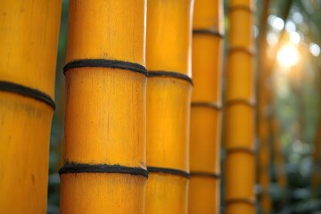 Vibrant bamboo stalks in lush thicket during golden hour