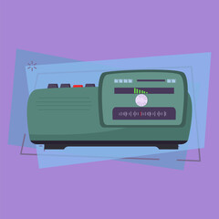 Retro radio set. Vintage receiver with buttons, volume control, frequency wave and speaker. Vector illustration can be used for topics like broadcasting, communication, analog technology