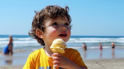 A child enjoying ice cream at the beach, with the ocean in the background