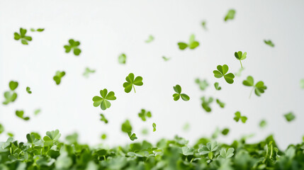 A background of green clover leaves falling, against a white background, in a St. Patrick's Day theme, in a vector illustration style, with a flat design. Mockup for St Patrick’s day.