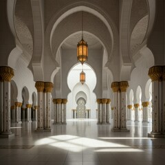 Islamic architecture, white marble arches, intricate geometric patterns, ornate columns, golden lantern, symmetrical design, ethereal light, Moorish style, grand interior, serene atmosphere, high ceil