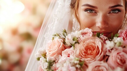 Naklejka premium A bride stands with a lush, colorful bouquet, expressing joy and happiness against a soft background, encapsulating the essence of a joyful wedding moment.