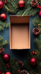 Open cardboard box surrounded by christmas decorations on dark background