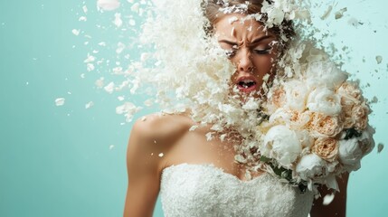 A bride wearing a white lace gown is unexpectedly hit by a burst of flying white petals, adding surprise and an artistic flair to the wedding celebration scene.